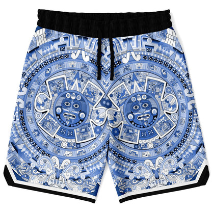 Aztec Calendar (Blue & White) 2025 - Unisex Basketball Shorts