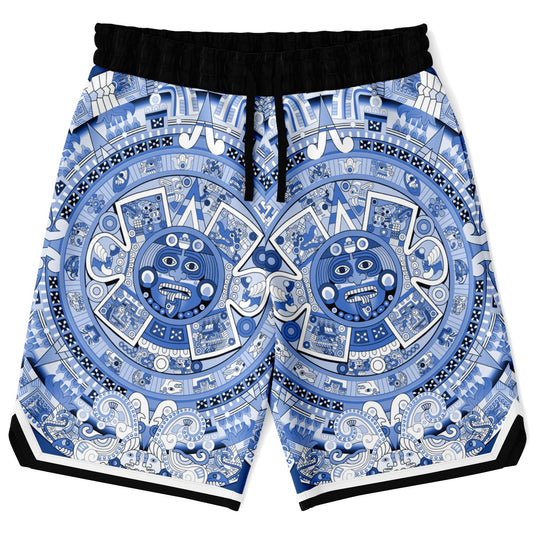 Aztec Calendar (Blue & White) 2025 - Unisex Basketball Shorts