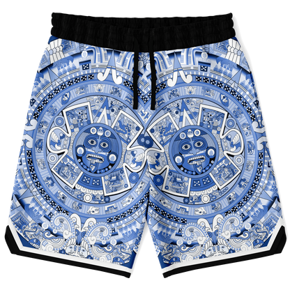 Aztec Calendar (Blue & White) 2025 - Unisex Basketball Shorts