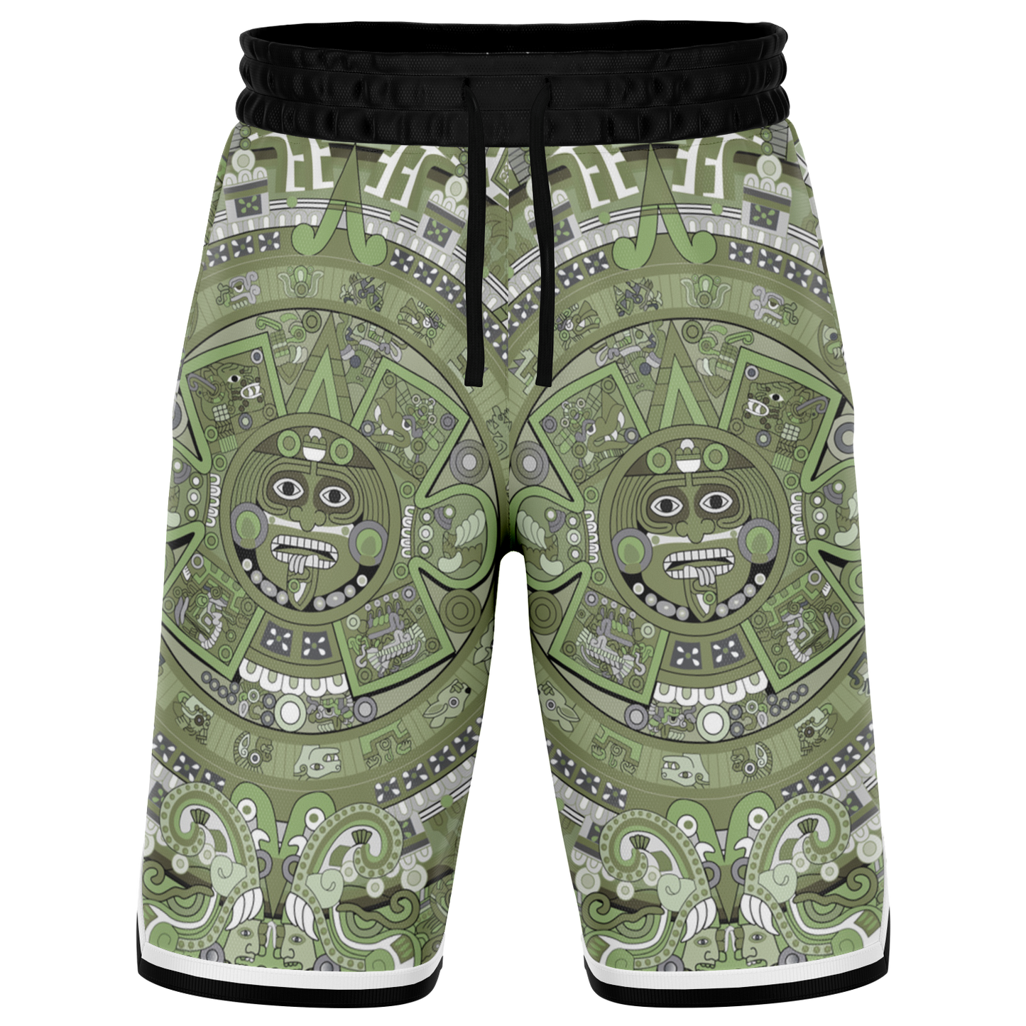Aztec Calendar (Olive Green, Black, White) 2025 - Unisex Basketball Shorts