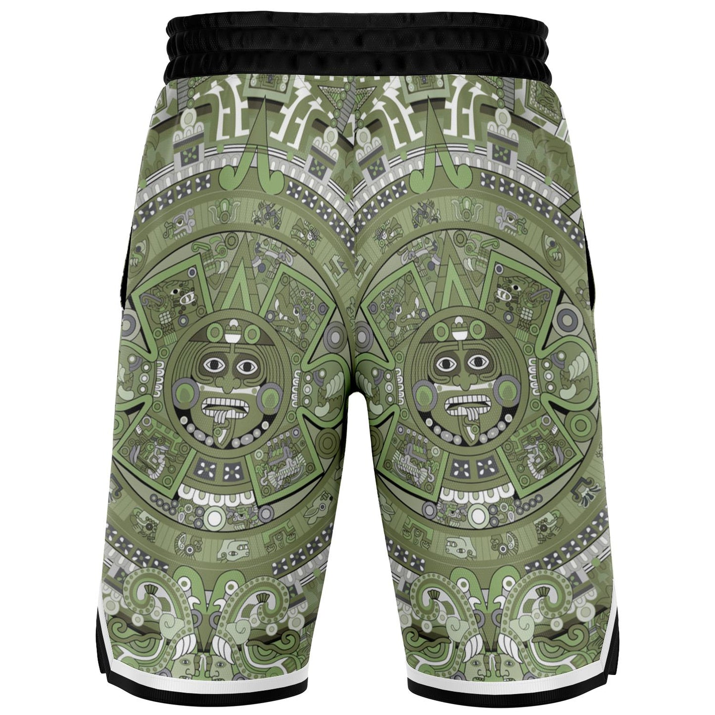 Aztec Calendar (Olive Green, Black, White) 2025 - Unisex Basketball Shorts