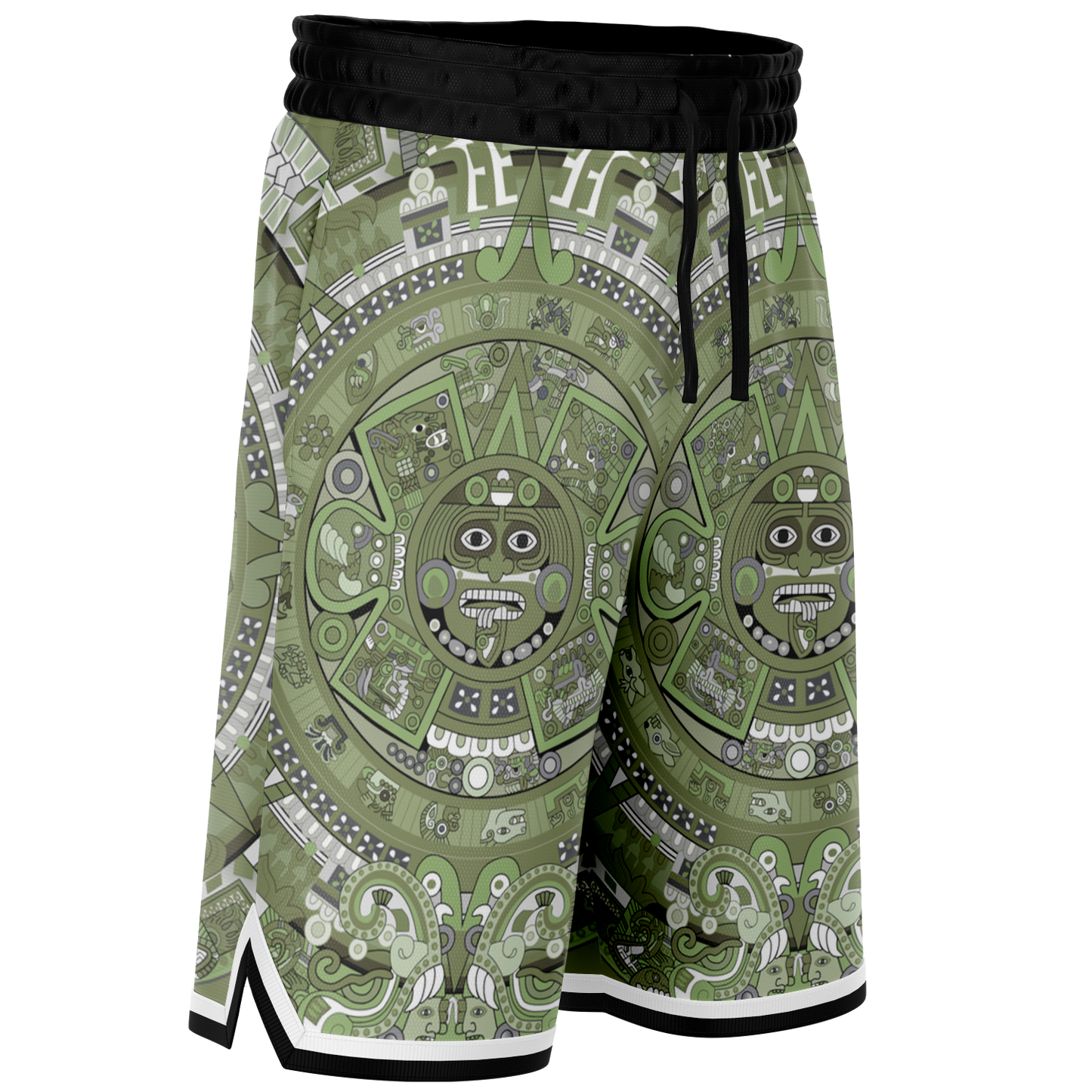 Aztec Calendar (Olive Green, Black, White) 2025 - Unisex Basketball Shorts