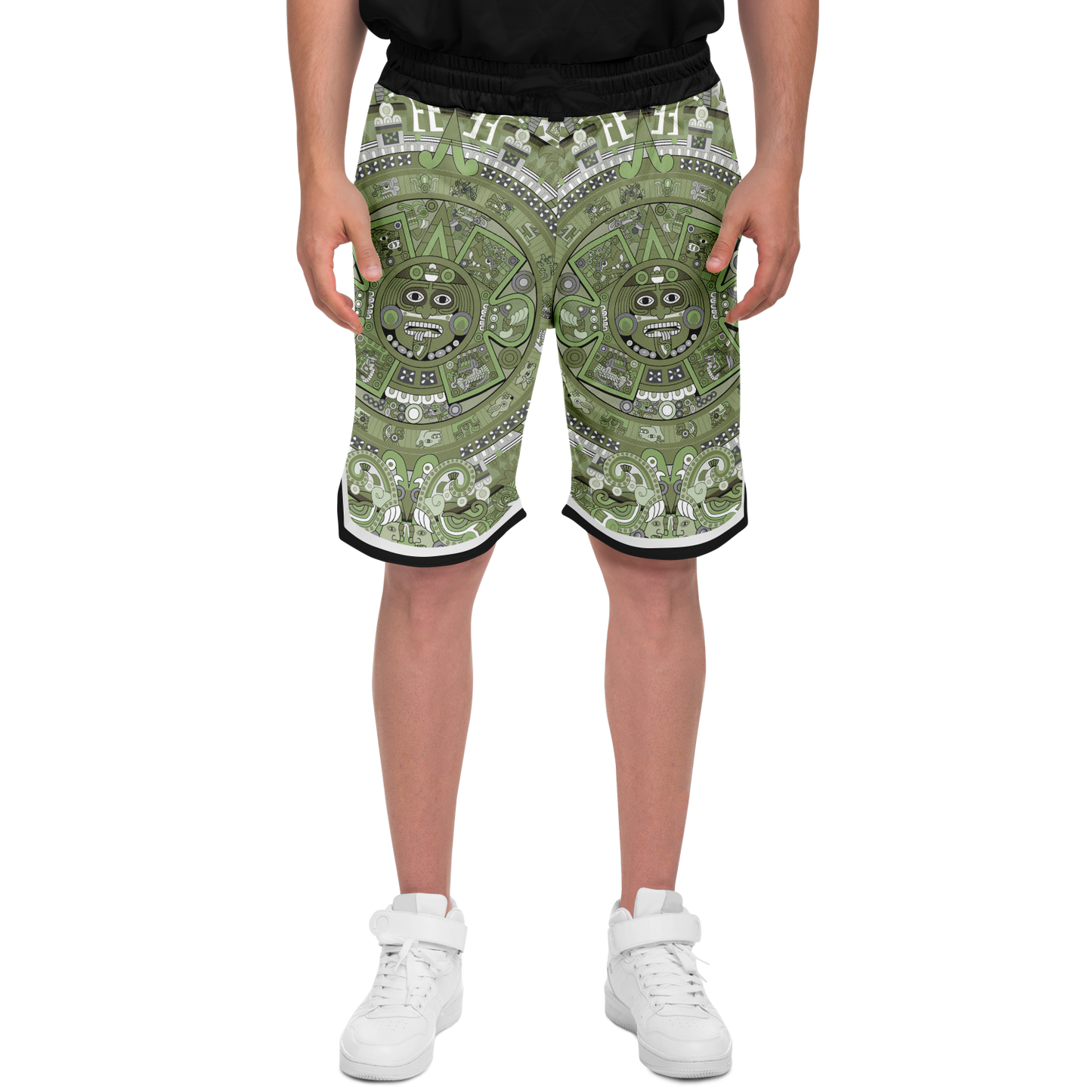 Aztec Calendar (Olive Green, Black, White) 2025 - Unisex Basketball Shorts