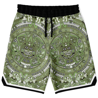 Aztec Calendar (Olive Green, Black, White) 2025 - Unisex Basketball Shorts