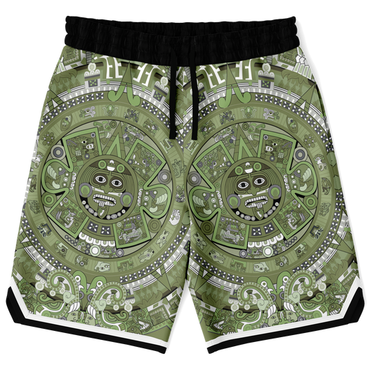 Aztec Calendar (Olive Green, Black, White) 2025 - Unisex Basketball Shorts