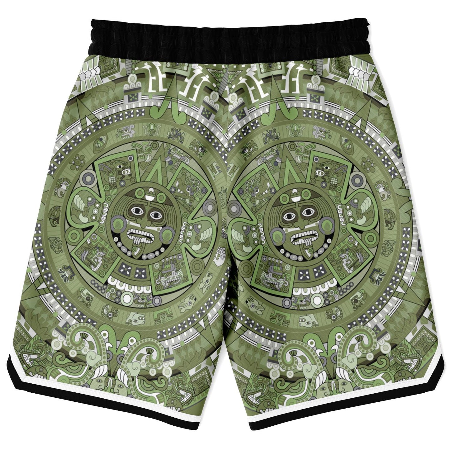 Aztec Calendar (Olive Green, Black, White) 2025 - Unisex Basketball Shorts