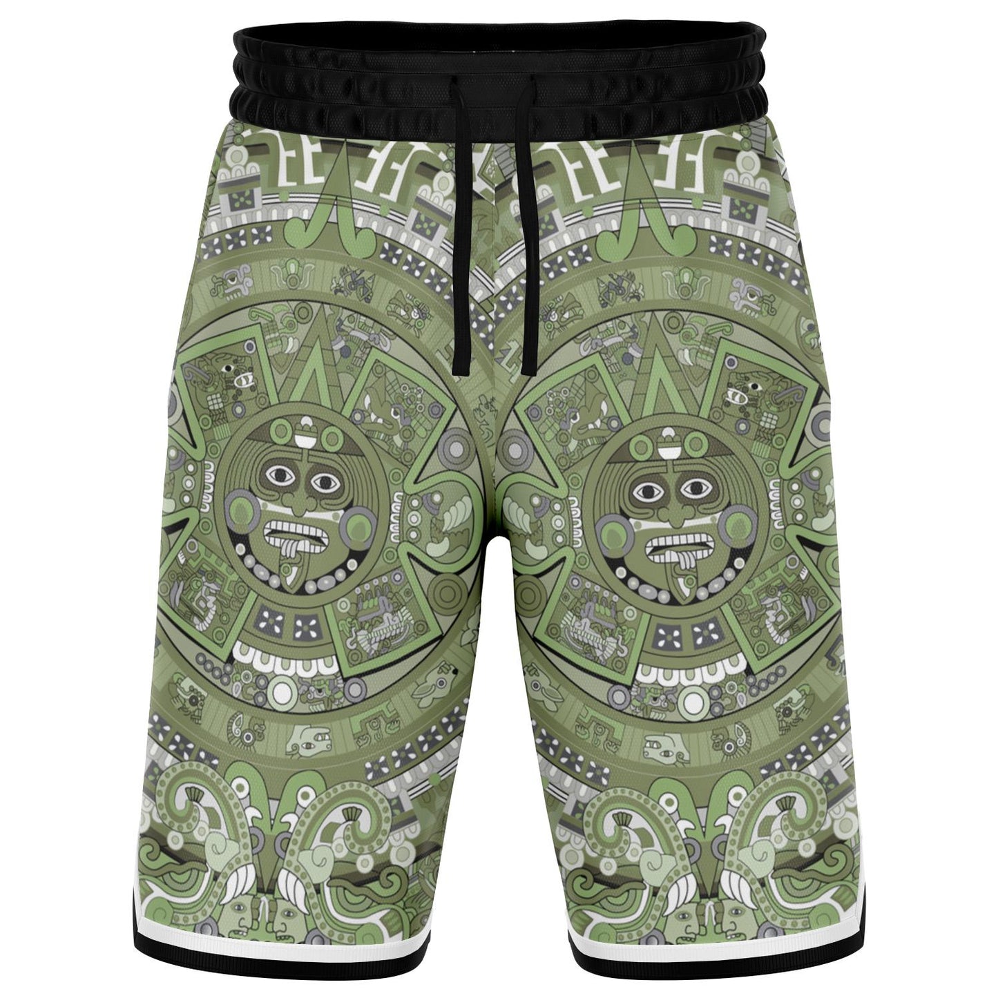 Aztec Calendar (Olive Green, Black, White) 2025 - Unisex Basketball Shorts
