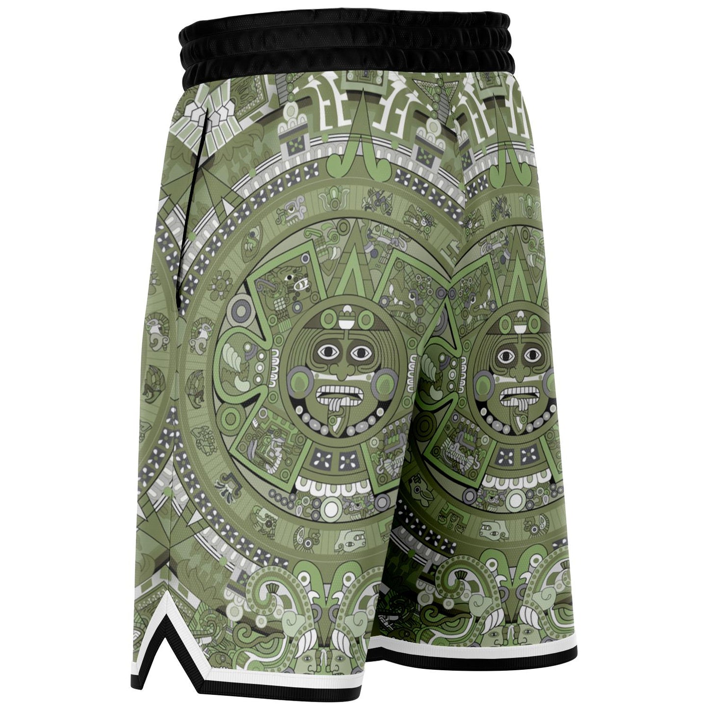 Aztec Calendar (Olive Green, Black, White) 2025 - Unisex Basketball Shorts