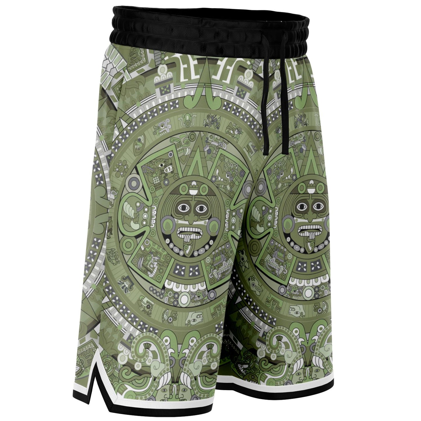 Aztec Calendar (Olive Green, Black, White) 2025 - Unisex Basketball Shorts