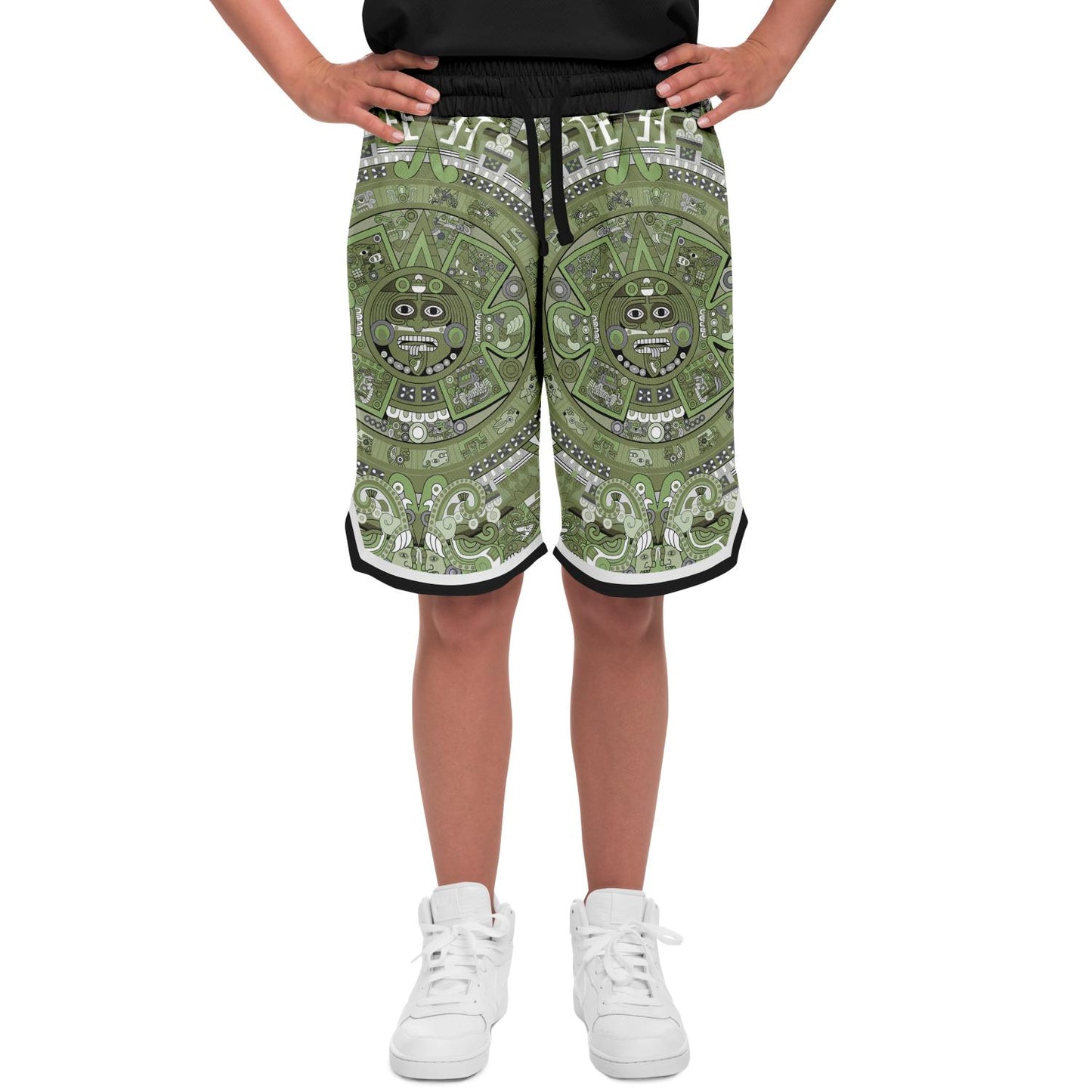 Aztec Calendar (Olive Green, Black, White) 2025 - Unisex Basketball Shorts