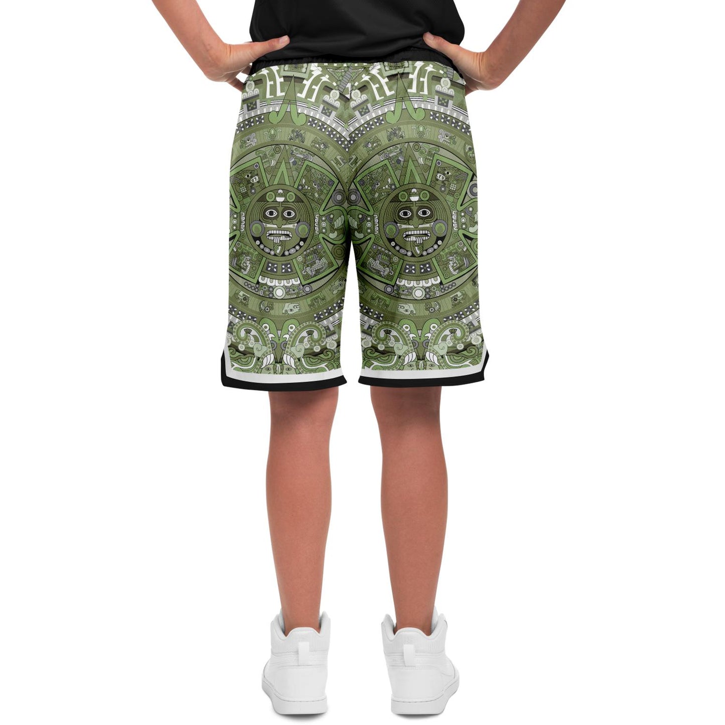 Aztec Calendar (Olive Green, Black, White) 2025 - Unisex Basketball Shorts