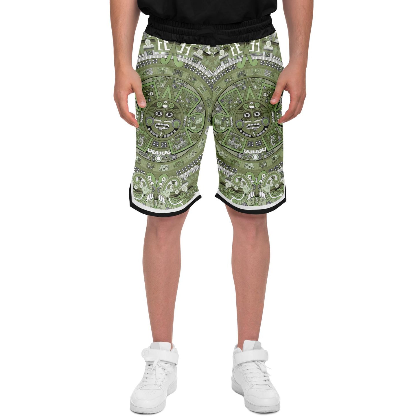 Aztec Calendar (Olive Green, Black, White) 2025 - Unisex Basketball Shorts