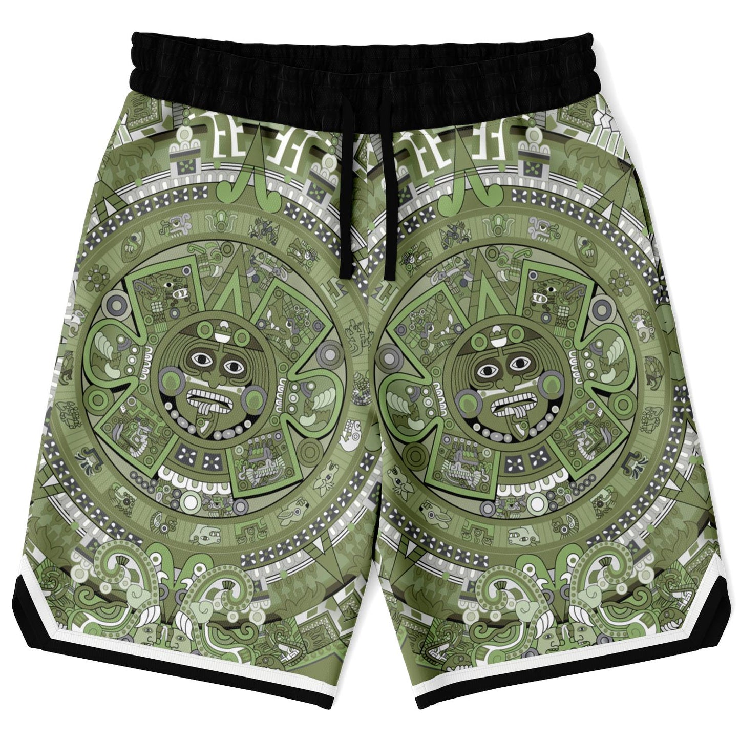 Aztec Calendar (Olive Green, Black, White) 2025 - Unisex Basketball Shorts