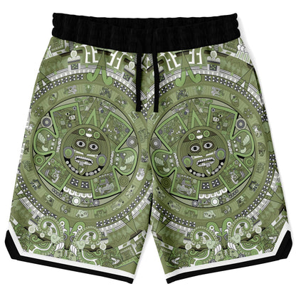 Aztec Calendar (Olive Green, Black, White) 2025 - Unisex Basketball Shorts