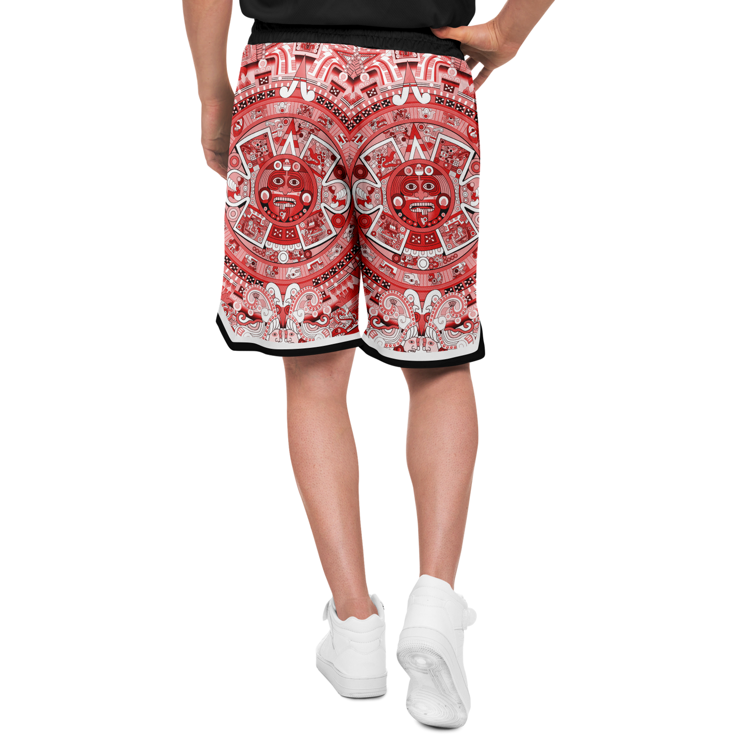 Aztec Calendar (Red & White) 2025 - Unisex Basketball Shorts