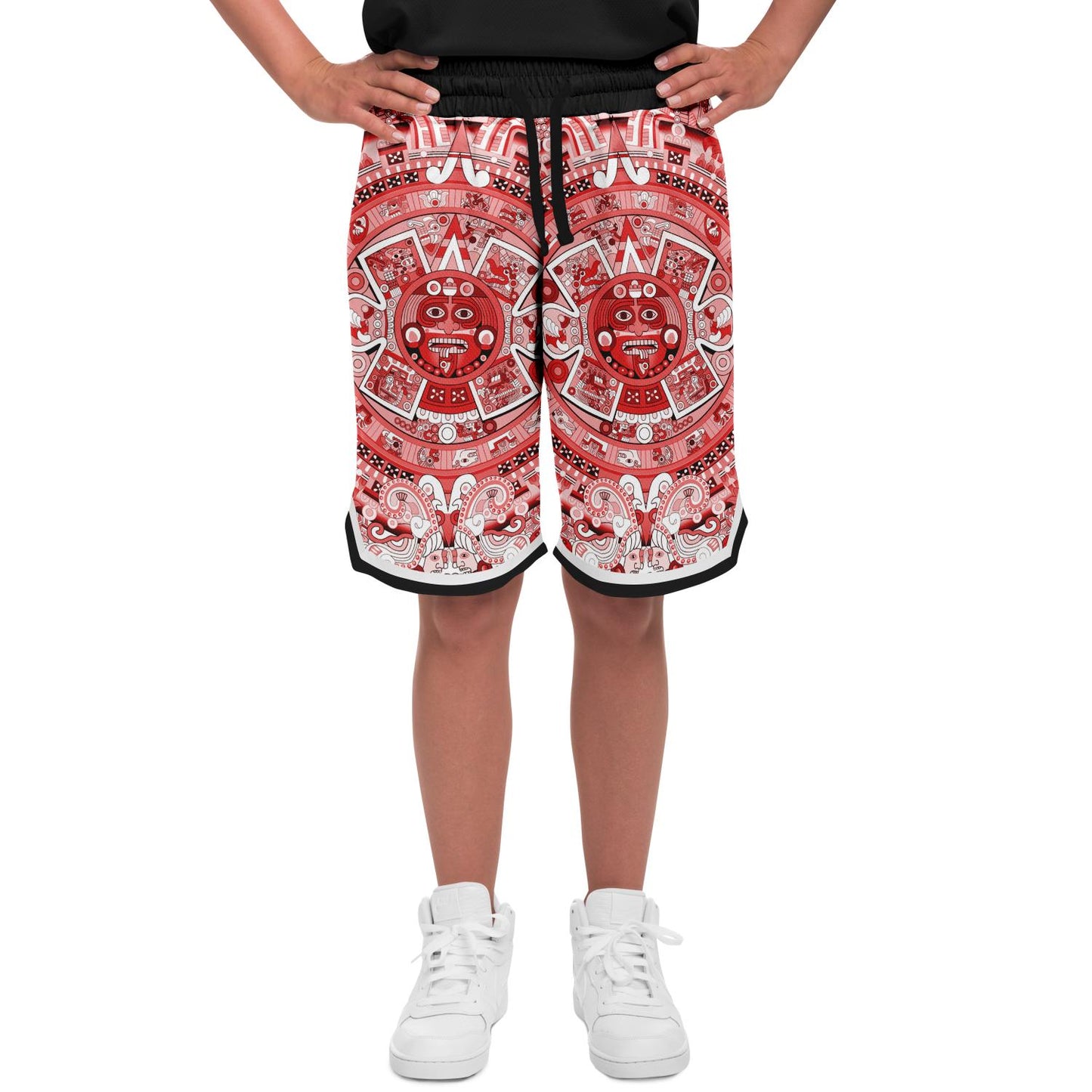 Aztec Calendar (Red & White) 2025 - Unisex Basketball Shorts