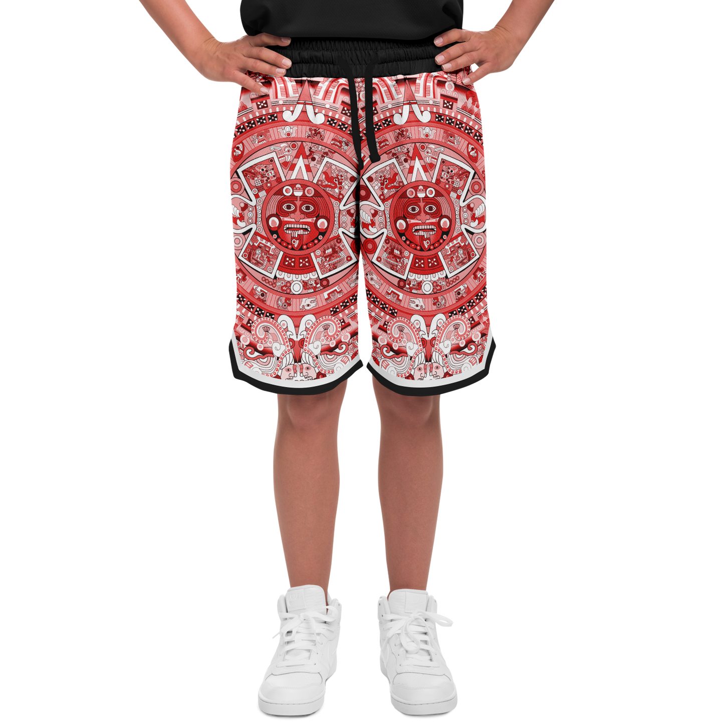 Aztec Calendar (Red & White) 2025 - Unisex Basketball Shorts