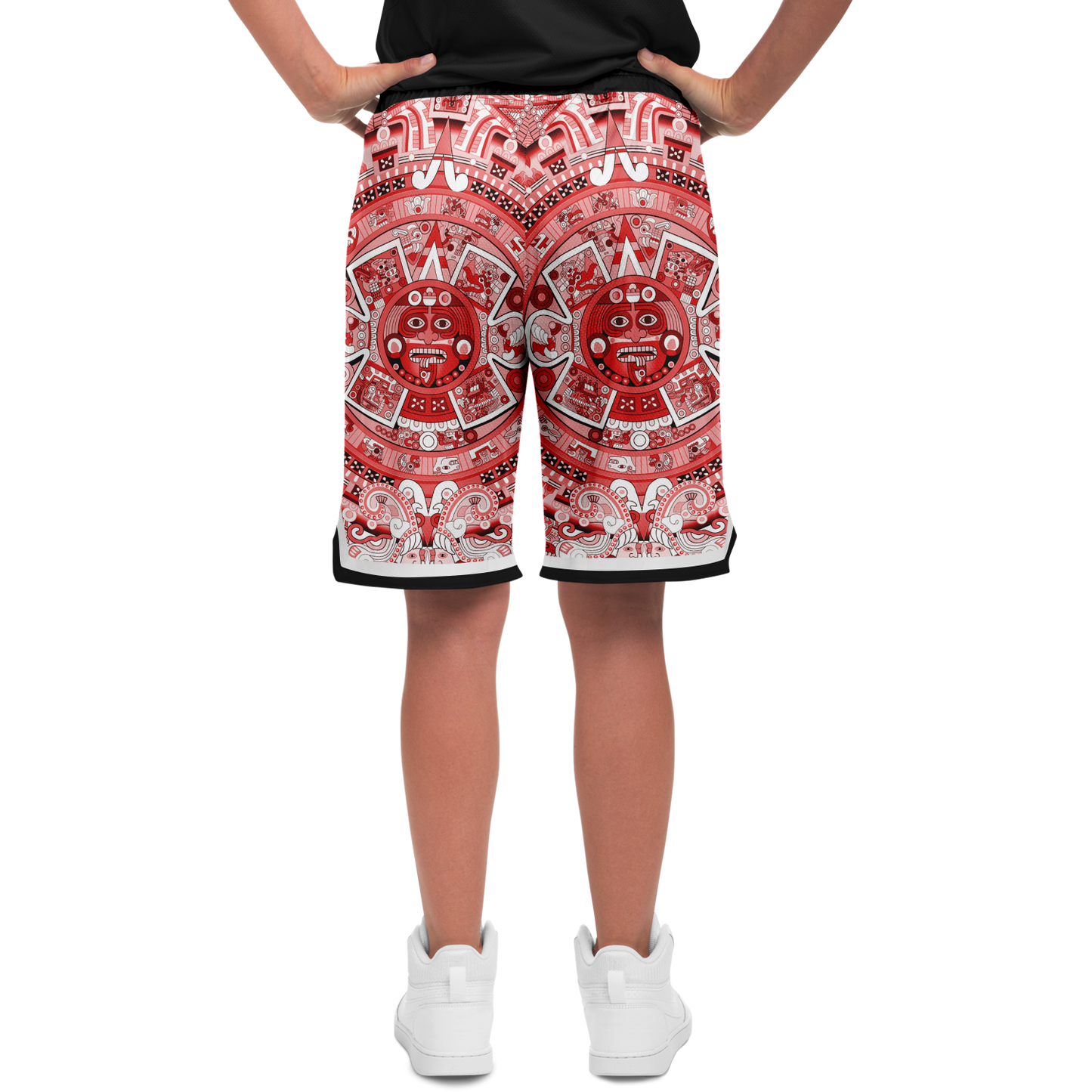 Aztec Calendar (Red & White) 2025 - Unisex Basketball Shorts