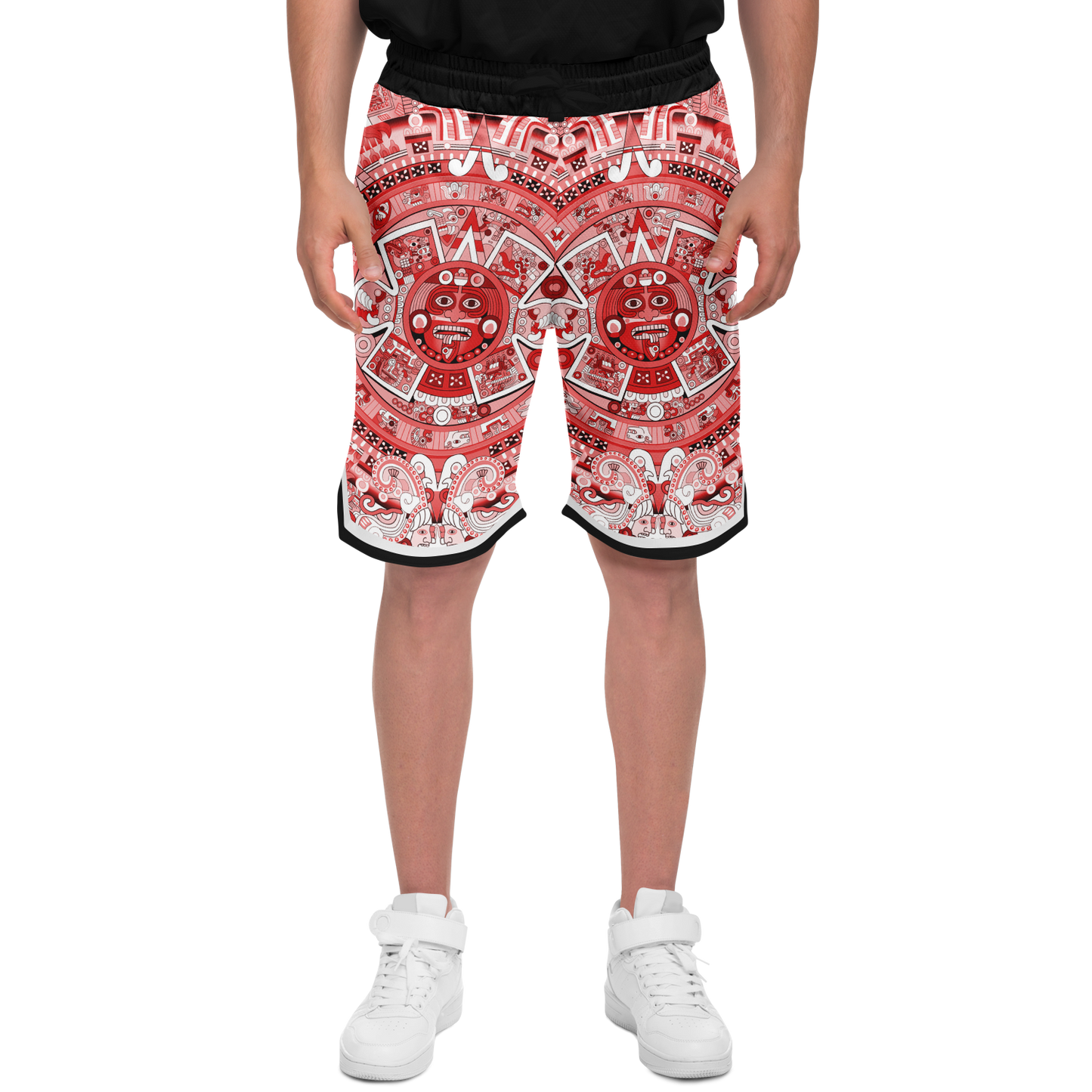 Aztec Calendar (Red & White) 2025 - Unisex Basketball Shorts