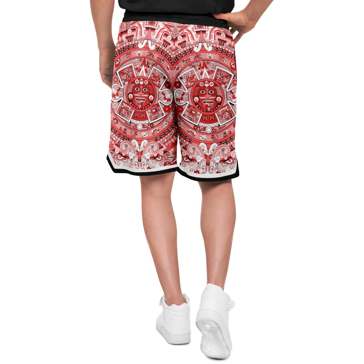 Aztec Calendar (Red & White) 2025 - Unisex Basketball Shorts