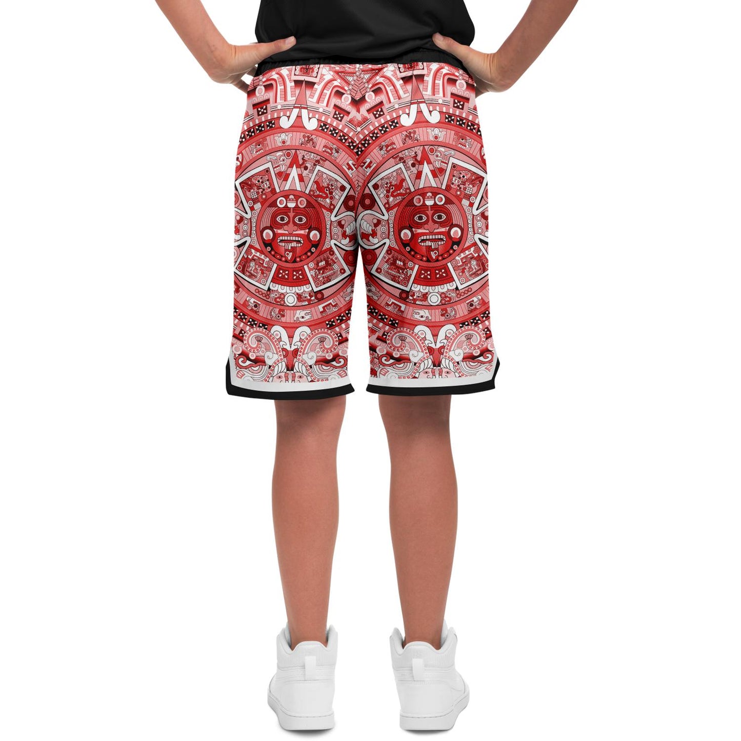 Aztec Calendar (Red & White) 2025 - Unisex Basketball Shorts