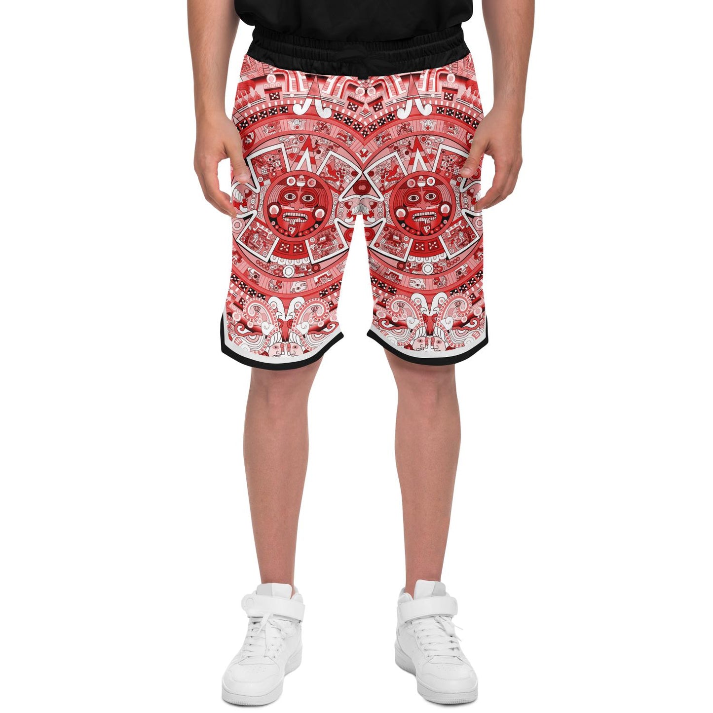 Aztec Calendar (Red & White) 2025 - Unisex Basketball Shorts