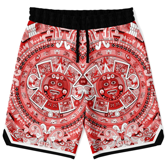 Aztec Calendar (Red & White) 2025 - Unisex Basketball Shorts