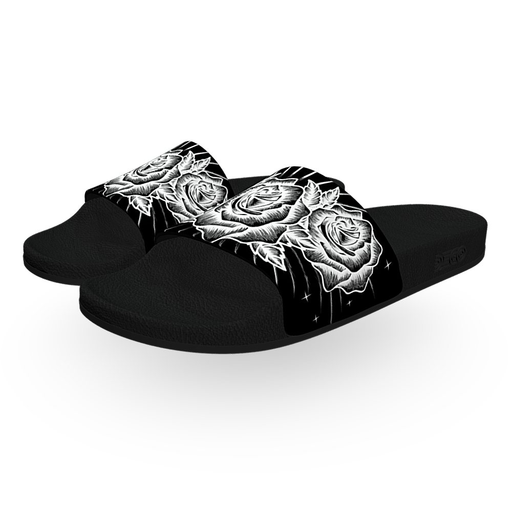 Black and White, Chicano Pen Ink Style Roses - Unisex Slide
