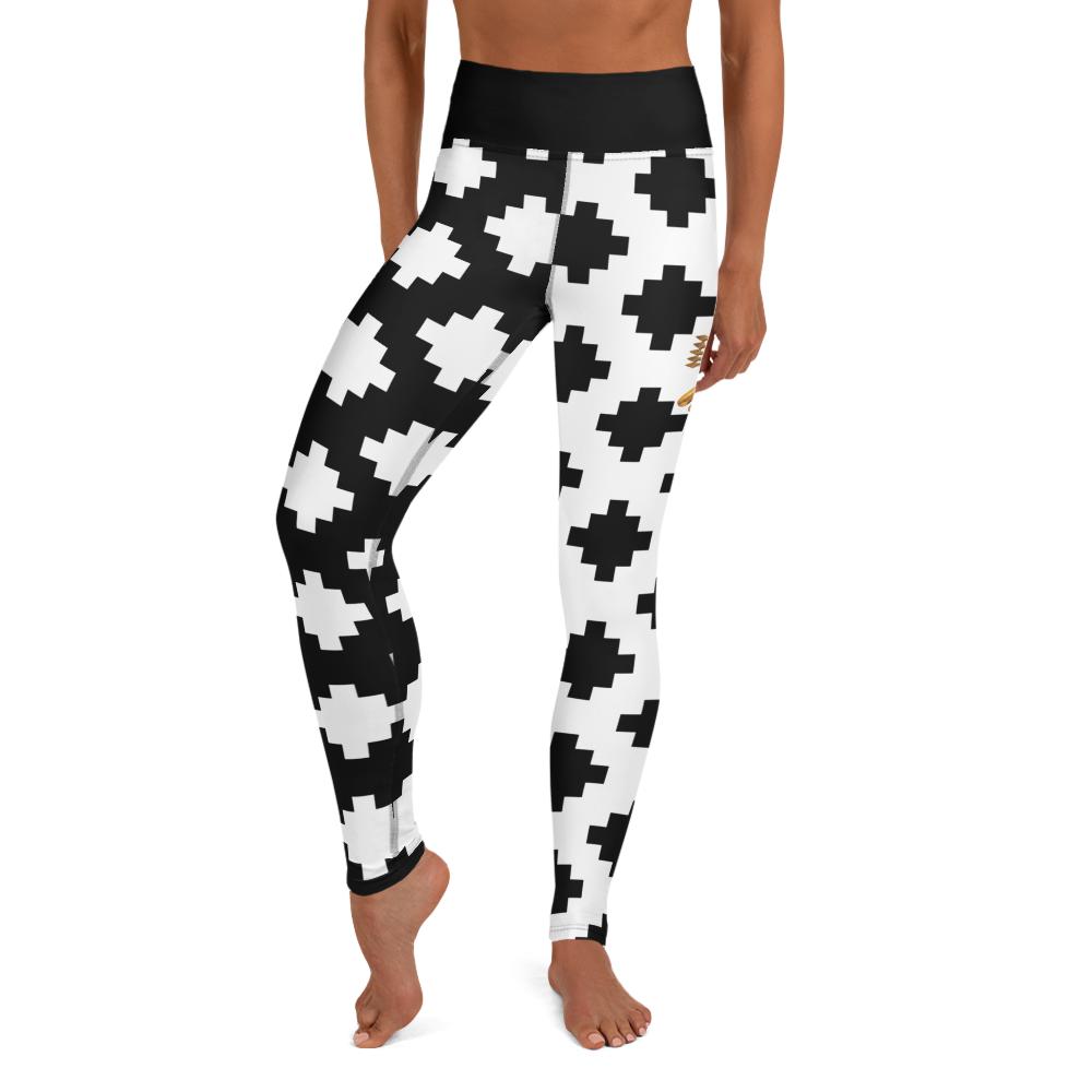 Black & White Mexica Pattern (with Gold Chimalli) - All-Over Print Leggings