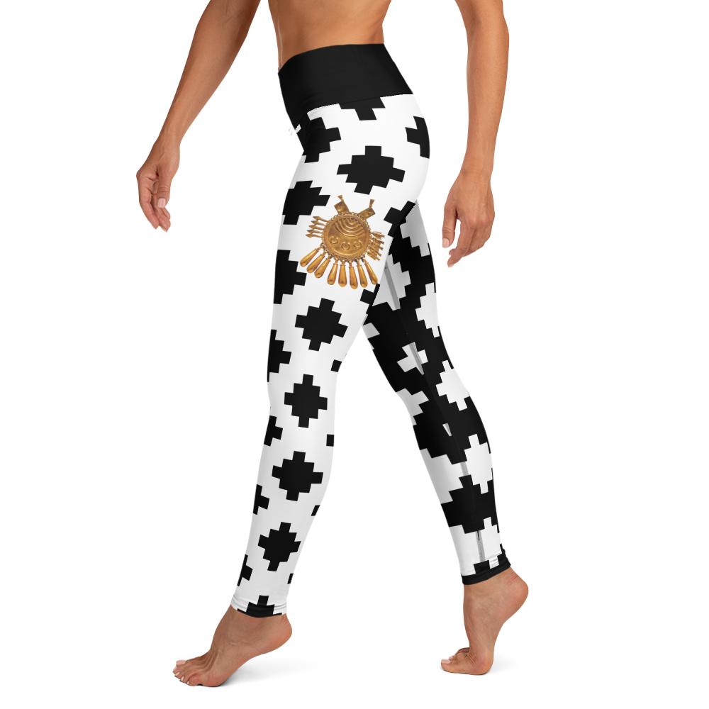 Black & White Mexica Pattern (with Gold Chimalli) - All-Over Print Leggings