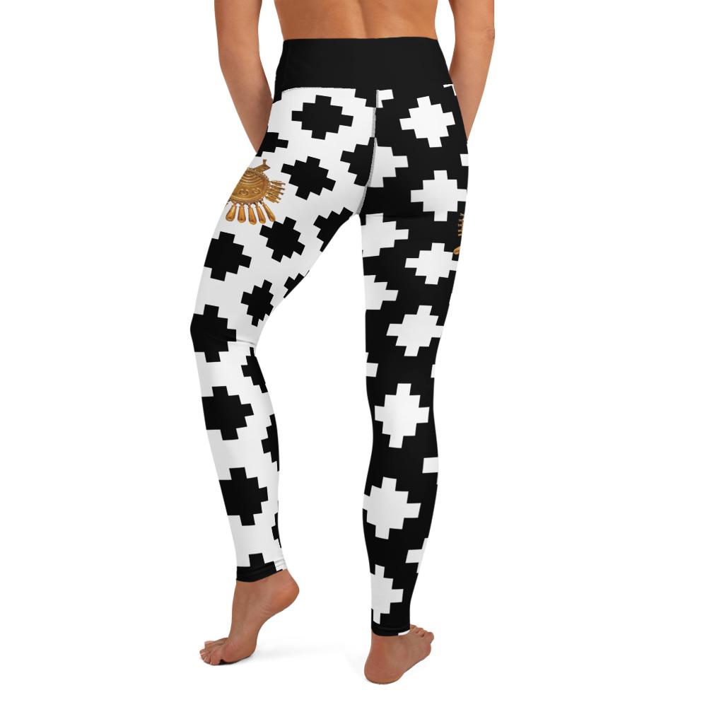 Black & White Mexica Pattern (with Gold Chimalli) - All-Over Print Leggings