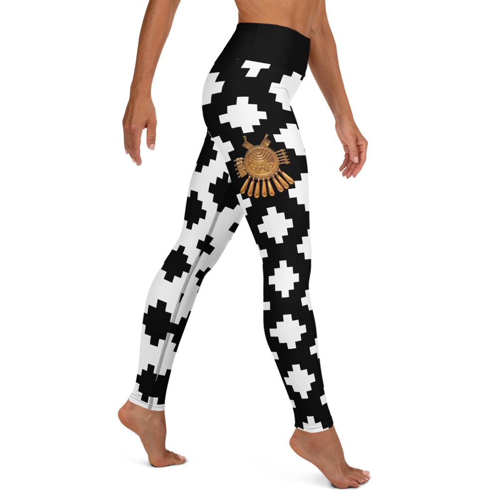 Black & White Mexica Pattern (with Gold Chimalli) - All-Over Print Leggings