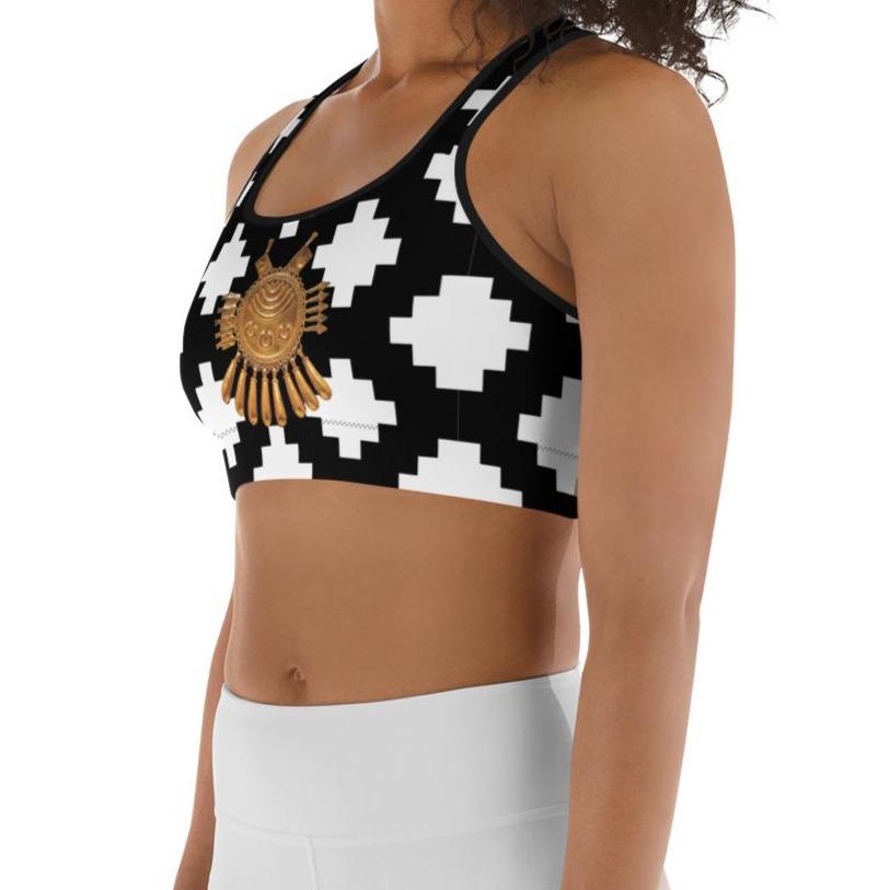 Black & White Mexica Pattern (with Gold Chimalli) - Sports bra