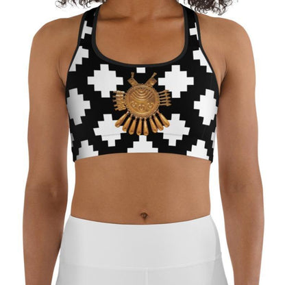 Black & White Mexica Pattern (with Gold Chimalli) - Sports bra