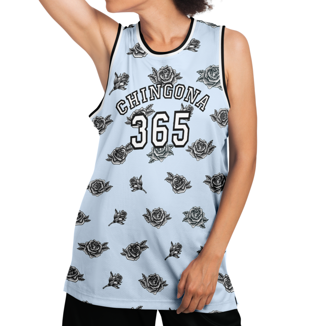 Chingona 365 with Roses - Baby Blue Basketball Jersey