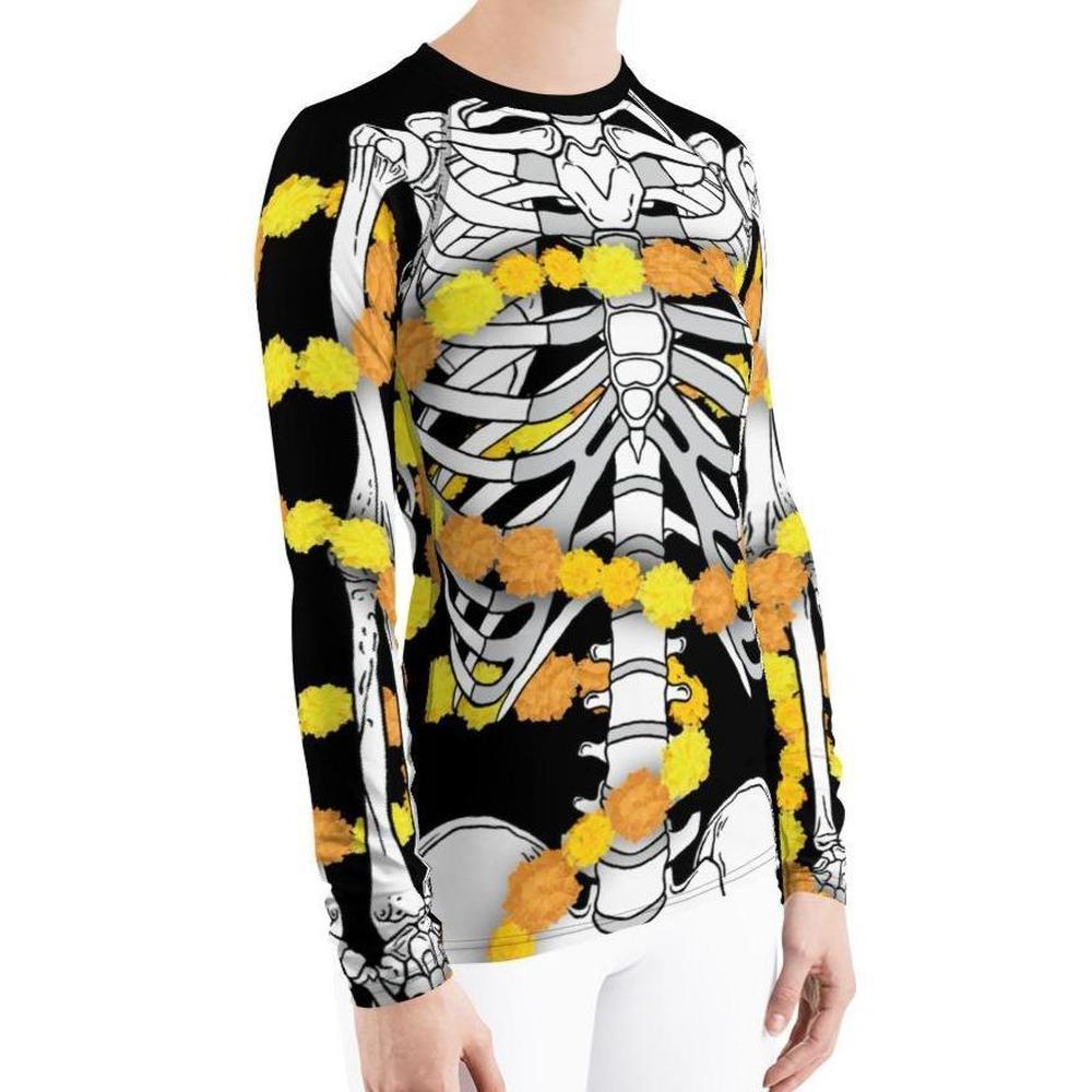 Día de los Muertos Skeleton wrapped in Cempasúchil - Woman's Rash Guard Top-Rash Guard-Licuado Wear