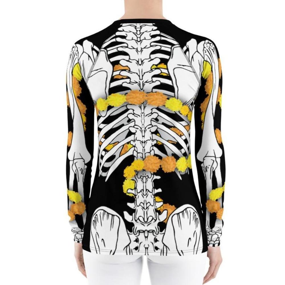 Día de los Muertos Skeleton wrapped in Cempasúchil - Woman's Rash Guard Top-Rash Guard-Licuado Wear