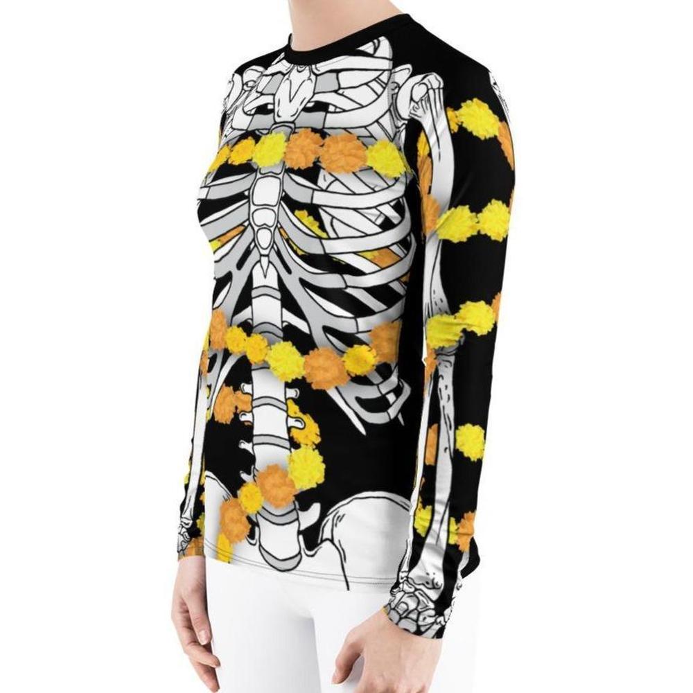 Día de los Muertos Skeleton wrapped in Cempasúchil - Woman's Rash Guard Top-Rash Guard-Licuado Wear