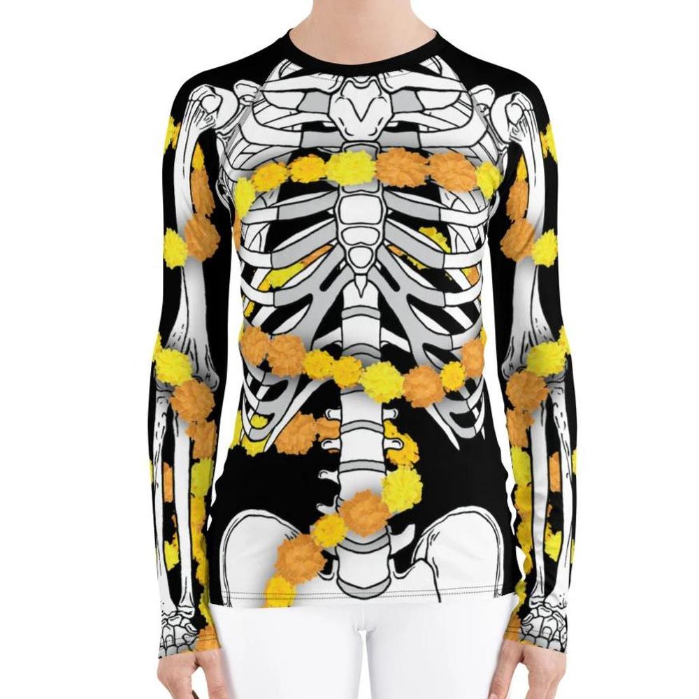 Día de los Muertos Skeleton wrapped in Cempasúchil - Woman's Rash Guard Top-Rash Guard-Licuado Wear