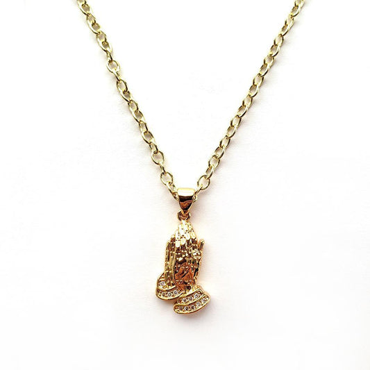 Gold Prayer Hands with Cubic Zirconia Pendant - Necklace