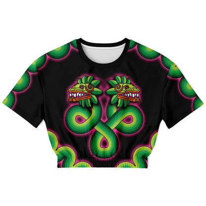 Green and Pink Quetzalcoatl - Cropped Short Sleeve Fleece Top