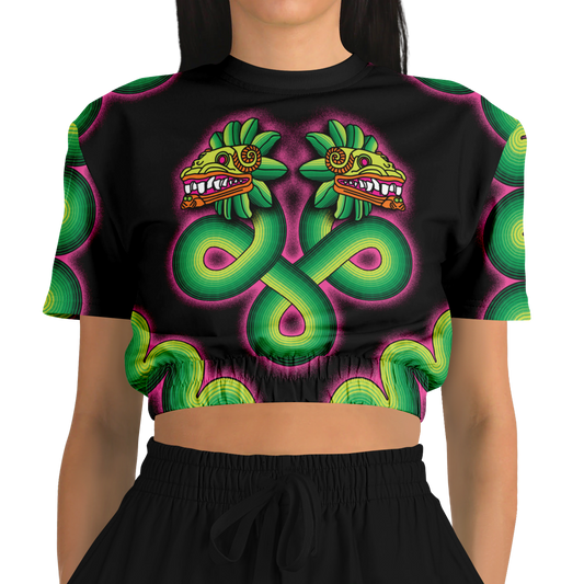 Green and Pink Quetzalcoatl - Cropped Short Sleeve Fleece Top