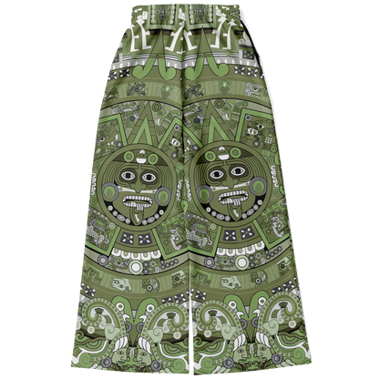 Green & Black Aztec Calendar - Flare Fleece Pant