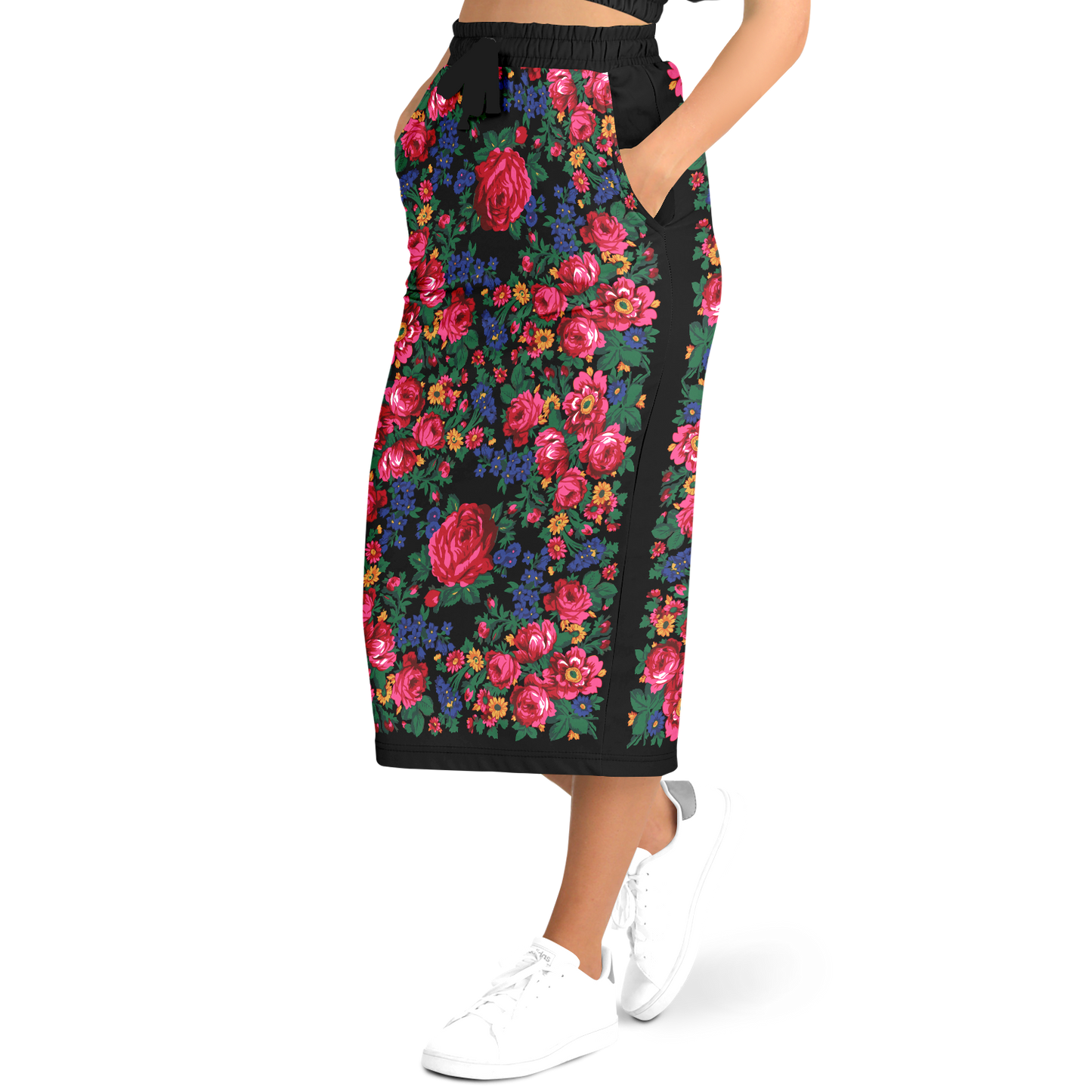 Kokum Floral (Black) - Athletic Midi Skirt