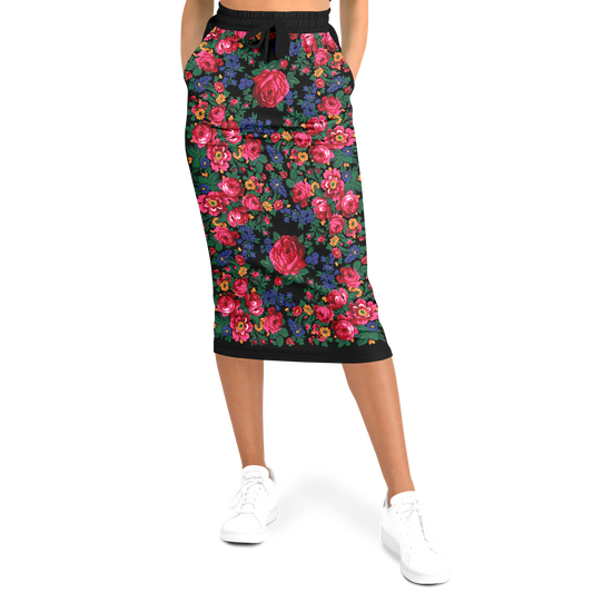 Kokum Floral (Black) - Athletic Midi Skirt