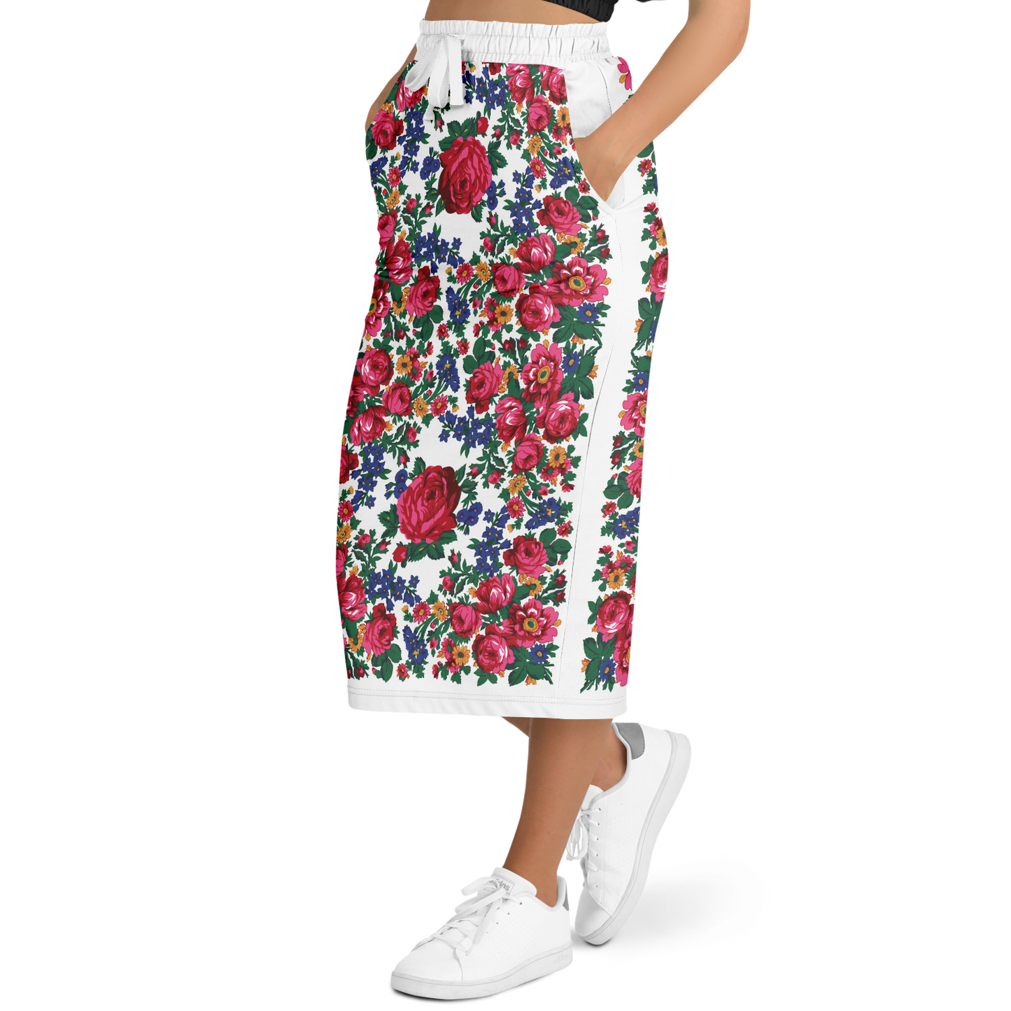Kokum Floral (White) - Athletic Midi Skirt