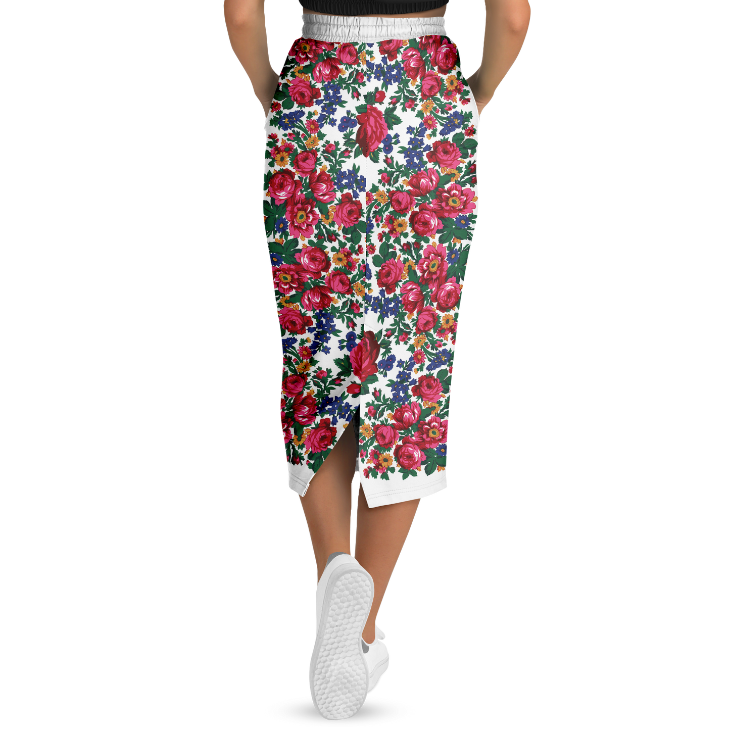Kokum Floral (White) - Athletic Midi Skirt