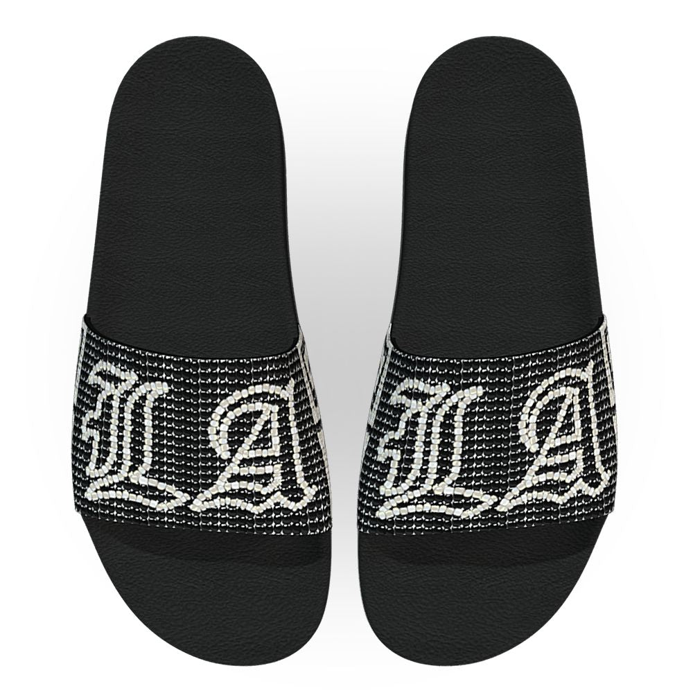 "LA" with Aztec Greca in Black & White (Digital Beadwork) - Unisex Slide Sandal