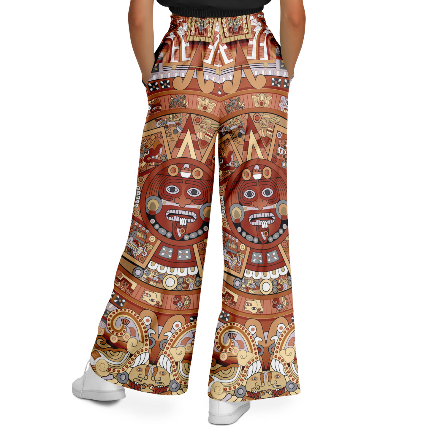 Rust & Tan Aztec Calendar - Flare Fleece Pant