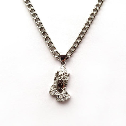 Silver Prayer Hands with Cubic Zirconia Pendant - Necklace